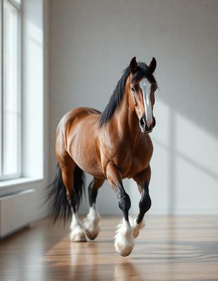 The primary subject of the image is a brown horse with a white face, standing in a room. The horse is positioned in the center of the scene, and its body is facing the viewer. The setting appears to be a room with a window, and the visual style is a photo. The colors in the image are predominantly brown and white, creating a warm and natural atmosphere.