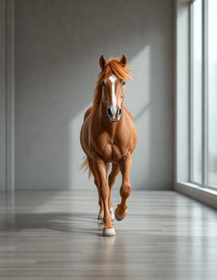 Primary subject: A brown horse with a blonde mane.

Setting/background: A white room with a window.

Visual style: A photo of a horse.

Colors and mood: The horse is brown, and the overall atmosphere is calm and serene.