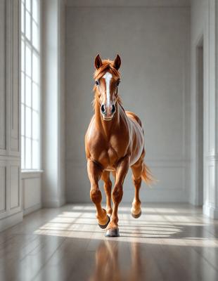 Primary subject: A brown horse with a white face.

Setting/background: A white room with a window.

Visual style: A photo of the horse.

Colors and mood: The horse is brown, and the overall atmosphere is calm and focused.