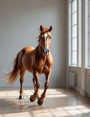 Primary subject: A brown horse with a white face.

Setting/background: A white wall.

Visual style: A photo of the horse.

Colors and mood: The horse is brown, and the white wall creates a clean and minimalist atmosphere.