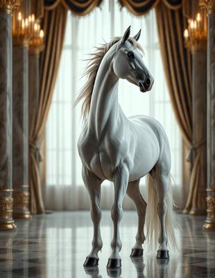 The primary subject of the image is a white horse standing in a room with a white curtain. The horse appears to be the main focus of the image, and it is positioned in the center of the scene. The setting is indoors, with the horse standing on a white floor. The visual style of the image is digital art, as it is a well-crafted and detailed representation of the horse. The colors in the image are predominantly white, giving the scene a clean and elegant atmosphere.