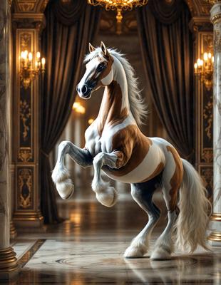 The primary subject of the image is a horse, which is the main focus of the scene. The horse is standing in a hallway, with a marble floor visible in the background. The visual style of the image is digital art, as it appears to be a computer-generated or digitally rendered image. The colors and mood of the image are predominantly white and brown, giving it a warm and elegant atmosphere.