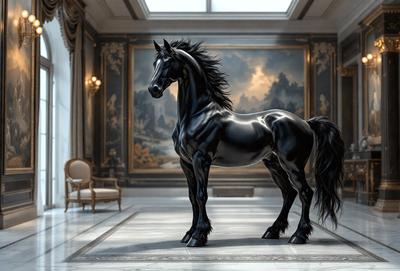 The primary subject of the image is a black horse statue. The setting is a room with a large painting in the background, which adds to the overall atmosphere. The visual style of the image is a combination of photo and digital art, creating a realistic yet artistic representation of the horse. The colors and mood of the image are dark and dramatic, emphasizing the horse's presence and the grandeur of the painting.