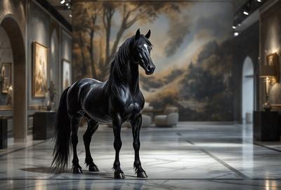 Primary subject: A black horse standing in a room.

Setting/background: The horse is standing in a room with a painting on the wall. The room appears to be a living room or a similar space.

Visual style: The image is a digital art or illustration of a horse.

Colors and mood: The room has a black and white color scheme, giving it a classic and elegant atmosphere.