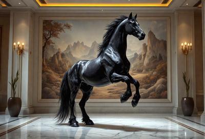 Primary subject: A black horse with a flowing mane.

Setting/background: The horse is standing in a room with a painting of mountains in the background.

Visual style: The image is a digital artwork.

Colors and mood: The dominant colors are black and white, with a touch of gold. The overall atmosphere is elegant and majestic.