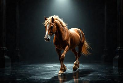 Primary subject: A brown horse with a blonde mane.

Setting/background: A dark room with a light source shining on the horse.

Visual style: A photo of the horse.

Colors and mood: The horse is the main focus, and the dark room adds a sense of mystery and drama to the scene.