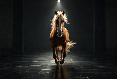 Primary subject: A brown horse with a white face.

Setting/background: A dark room with a light source shining on the horse.

Visual style: A photo of the horse.

Colors and mood: The horse is brown with a white face, and the overall atmosphere is dark and dramatic.