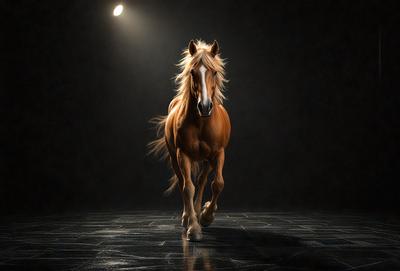Primary subject: A brown horse with blonde hair.

Setting/background: A dark room with a light source shining on the horse.

Visual style: A photo of the horse.

Colors and mood: The horse has a warm, earthy tone, and the overall atmosphere is dramatic and captivating.