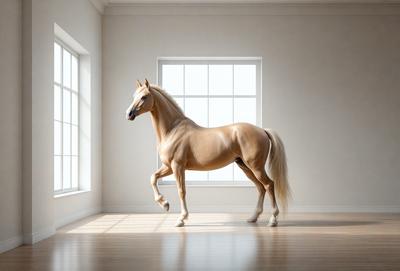 Primary subject: A horse standing in a white room.

Setting/background: The horse is standing in a white room with a window.

Visual style: The image is a digital art or illustration of a horse.

Colors and mood: The room is predominantly white, giving it a clean and minimalistic appearance.