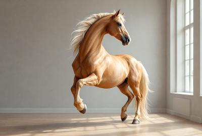 Primary subject: A brown horse with a white mane and tail, jumping in the air.

Setting/background: A white wall serves as the backdrop for the horse's jump.

Visual style: The image is a digital art or illustration of the horse in action.

Colors and mood: The dominant colors are brown and white, with a sense of energy and movement.