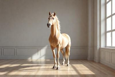 Primary subject: A brown horse standing in a room.

Setting/background: The horse is standing in a room with a white wall.

Visual style: The image is a photo of the horse.

Colors and mood: The horse is the main focus of the image, and its brown color adds warmth to the scene. The white wall provides a clean and minimalist backdrop, creating a calm and serene atmosphere.