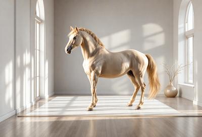 Primary subject: A horse standing in a room.

Setting/background: The horse is standing in a room with a white wall and a window.

Visual style: The image is a digital art or illustration of a horse.

Colors and mood: The image has a warm and natural color palette, with the horse being the main focus.
