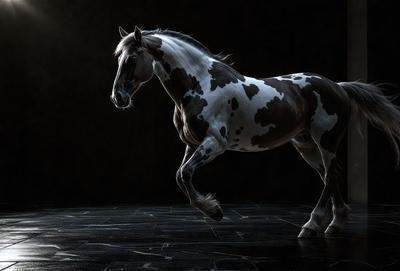 Primary subject: A spotted horse with a white face and black legs.

Setting/background: A dark room with a black background.

Visual style: Digital art.

Colors and mood: The horse is black and white, and the overall atmosphere is dramatic and intense.