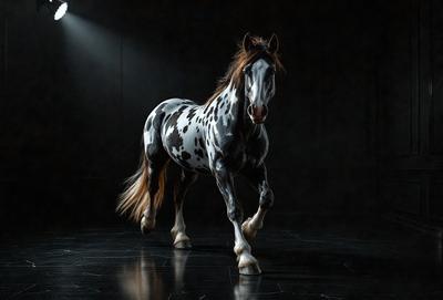 Primary subject: A spotted horse with a mane standing on a black surface.

Setting/background: The horse is standing in a dark room, possibly a studio.

Visual style: The image is a photo of the horse.

Colors and mood: The horse has a black and white spotted pattern, and the overall atmosphere is dark and moody.