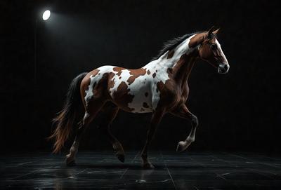 The primary subject of the image is a brown and white spotted horse. The horse is standing in a dark room, with a bright light illuminating it. The setting appears to be a studio or a controlled environment, as the horse is the main focus of the image. The visual style is a black and white photo, which adds a sense of drama and contrast to the scene. The colors and mood of the image are predominantly dark, with the bright light creating a striking contrast against the horse's spots.