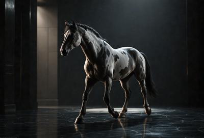 Primary subject: A spotted horse standing in a dark room.

Setting/background: The horse is standing on a dark grey floor, with a wall visible in the background.

Visual style: The image is a black and white photo.

Colors and mood: The dominant colors are black and white, creating a moody and dramatic atmosphere.