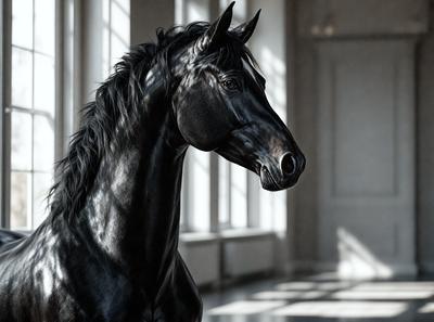 The primary subject of the image is a black horse standing in a room with a large window. The setting appears to be a room with a white wall, and the visual style is a black and white photo. The horse is the main focus of the image, and its presence in the room creates a contrast between the natural and man-made environments. The black and white color scheme adds a sense of timelessness and elegance to the scene.