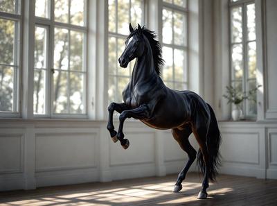 Primary subject: A black horse with a flowing mane, standing in a room with a window.

Setting/background: The horse is standing in a room with a window, and there is a potted plant in the background.

Visual style: The image is a digital art or illustration of a horse.

Colors and mood: The horse is black, and the overall atmosphere is calm and serene.