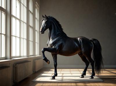 Primary subject: A black horse standing in a room.

Setting/background: The horse is standing in front of a window, with a white wall behind it.

Visual style: The image is a digital art or illustration of a horse.

Colors and mood: The horse is black, and the overall atmosphere is calm and serene.
