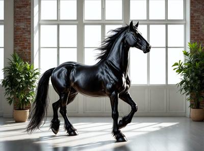 The primary subject of the image is a black horse standing in a room. The horse is positioned in the center of the room, and it appears to be walking or running. The setting is a room with a window, and the visual style is a photo. The horse is the main focus of the image, and its black color and movement create a dynamic and powerful atmosphere.