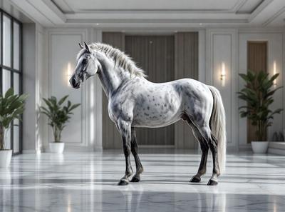 Primary subject: A white horse with a black mane standing in a hallway.

Setting/background: The horse is standing in a hallway, which appears to be a part of a building.

Visual style: The image is a digital art or illustration of the horse.

Colors and mood: The horse is predominantly white, and the overall atmosphere is calm and serene.