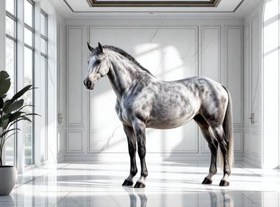Primary subject: A large gray horse standing in a room.

Setting/background: The horse is standing in a room with a white marble floor.

Visual style: The image is a digital art or illustration of a horse.

Colors and mood: The dominant colors are gray and white, creating a calm and serene atmosphere.