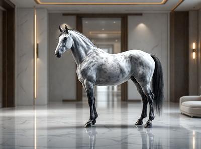 Primary subject: A white horse standing in a hallway.

Setting/background: The horse is standing in a hallway, which appears to be a part of a building.

Visual style: The image is a digital art or illustration of a horse.

Colors and mood: The image has a monochromatic color scheme, with the white horse being the main focus. The overall atmosphere is calm and serene.