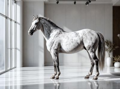 Primary subject: A white horse standing in a white room.

Setting/background: The horse is standing in a white room, which appears to be a studio or a showroom.

Visual style: The image is a digital art or illustration of a white horse.

Colors and mood: The dominant colors are white, which creates a clean and minimalist atmosphere.