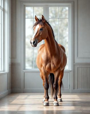 Primary subject: A brown horse standing in a room.

Setting/background: The horse is standing in a room with a window in the background.

Visual style: The image is a photo of the horse.

Colors and mood: The horse is brown, and the overall atmosphere of the image is calm and serene.