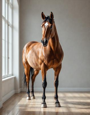 The primary subject of the image is a brown horse standing in a room. The horse is positioned in the center of the room, and it appears to be looking at the camera. The setting is a room with a window, and the visual style is a photo. The colors in the image are predominantly brown, and the overall atmosphere is calm and focused.
