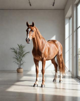 Primary subject: A brown horse standing in a room.

Setting/background: The horse is standing in a room with a white wall and a window.

Visual style: The image is a photo of the horse.

Colors and mood: The horse is brown, and the overall atmosphere is calm and serene.