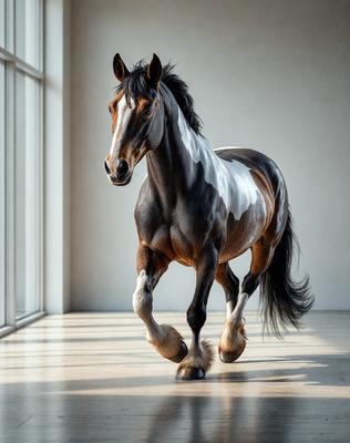Primary subject: A brown and white horse with a black mane and tail, standing in a room.

Setting/background: The horse is standing in a room with a white wall.

Visual style: The image is a photo of the horse.

Colors and mood: The horse has a brown and white coat, and the overall atmosphere is calm and focused.