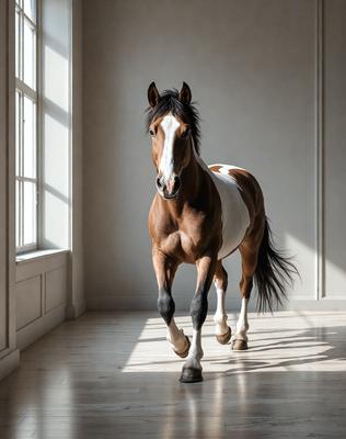 Primary subject: A brown and white horse with a black mane and tail.

Setting/background: The horse is standing in a room with a window in the background.

Visual style: The image is a photo of the horse.

Colors and mood: The horse has a brown and white coat, and the overall atmosphere is calm and serene.