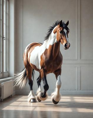 The primary subject of the image is a brown and white horse standing in a room. The horse is the main focus of the image, and it appears to be walking or running on a hardwood floor. The setting is indoors, with a wall visible in the background. The visual style of the image is a photo, capturing the horse in its natural environment. The colors in the image are predominantly brown and white, giving the scene a warm and natural atmosphere.