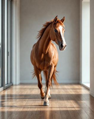 Primary subject: A brown horse with a white face walking down a hallway.

Setting/background: The horse is walking down a hallway, possibly in a house or a building.

Visual style: The image is a photo of the horse in motion.

Colors and mood: The horse has a brown coat with a white face, and the overall atmosphere is calm and serene.