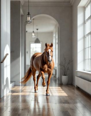 Primary subject: A brown horse walking down a hallway.

Setting/background: The horse is walking down a hallway in a house, with a window nearby.

Visual style: The image is a photo of the horse in the hallway.

Colors and mood: The horse is brown, and the overall atmosphere is calm and serene.