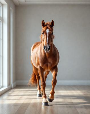 Primary subject: A brown horse with a white face.

Setting/background: A white wall.

Visual style: A photo of the horse.

Colors and mood: The horse has a brown coat with a white face, and the overall atmosphere is calm and focused.