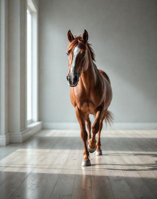 Primary subject: A brown horse with a white face.

Setting/background: A large, empty room with a white wall.

Visual style: A photo of the horse.

Colors and mood: The horse is brown and white, and the overall atmosphere is calm and serene.