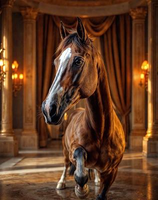 The primary subject of the image is a brown horse with a white face, standing in a room with a gold and white color scheme. The setting appears to be a palace or a fancy room, as indicated by the presence of a chandelier and a fancy backdrop. The visual style of the image is a photo, capturing the horse in its natural environment. The colors and mood of the image are warm and elegant, with the gold and white color scheme adding a touch of sophistication to the scene.