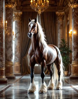 The primary subject of the image is a brown horse standing in a large, ornate room. The setting includes a marble floor and a grand entrance with a chandelier. The visual style of the image is a photo, capturing the horse in its natural environment. The colors and mood of the image are elegant and sophisticated, with the horse being the main focus of the scene.