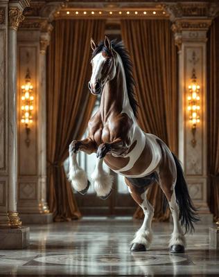 The primary subject of the image is a horse, which is the main focus of the scene. The horse is standing in a room with a white and gold color scheme, giving it a luxurious and elegant appearance. The setting includes a large white curtain, which adds to the sophisticated ambiance of the room. The visual style of the image is a combination of photo and digital art, creating a realistic yet artistic representation of the horse. The colors and mood of the image are predominantly white and gold,