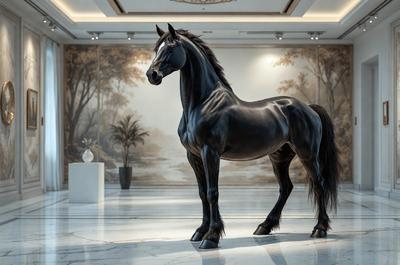 The primary subject of the image is a large black horse standing in a room. The setting appears to be a museum or a gallery, as there is a painting in the background. The visual style of the image is a combination of photo and digital art, creating a realistic yet artistic representation of the horse. The colors in the image are predominantly black and white, giving the scene a classic and timeless feel.