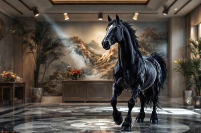 The primary subject of the image is a black horse standing in a room. The setting appears to be a living room, as there is a couch in the background. The visual style of the image is a combination of photo and digital art, creating a unique and artistic representation of the horse. The dominant colors in the image are black and white, giving the scene a classic and elegant atmosphere.