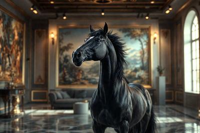 The primary subject of the image is a horse standing in a room with a painting in the background. The horse is positioned in the center of the room, and its presence creates a sense of grandeur and elegance. The setting appears to be a living room or a similar indoor space, as there is a couch visible in the background. The visual style of the image is a combination of photo and digital art, creating a realistic yet artistic representation of the horse. The colors and mood of the image are predominantly