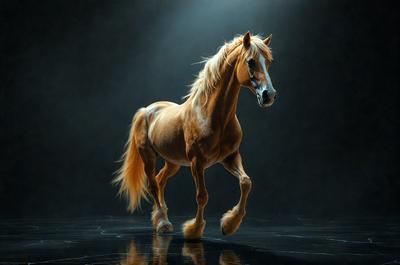 Primary subject: A brown horse with blonde mane and tail, standing on a black surface.

Setting/background: The horse is standing in a dark room, with a black surface beneath it.

Visual style: The image is a digital art or illustration of the horse.

Colors and mood: The dominant colors are black and brown, with a somewhat moody atmosphere.