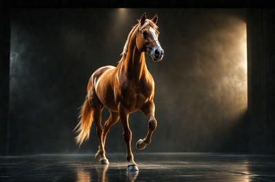 Primary subject: A brown horse with a white face.

Setting/background: A dark background with a spotlight on the horse.

Visual style: A photo of the horse.

Colors and mood: The horse is brown, and the overall atmosphere is dramatic and focused on the horse.
