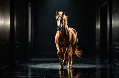 Primary subject: A brown horse with a blonde mane.

Setting/background: A dark room with a doorway.

Visual style: A photo of the horse.

Colors and mood: The horse has a warm, earthy tone, and the overall atmosphere is calm and serene.