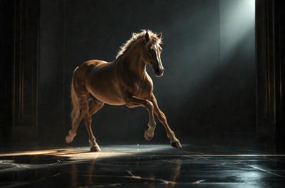 The primary subject of the image is a brown horse with a blonde mane, standing in a darkened room. The horse appears to be running or galloping, with its head up and eyes focused. The setting is a dark room, which contrasts with the horse's movement and adds a dramatic effect to the scene. The visual style of the image is a photo, capturing the horse's dynamic movement in the dark. The colors in the image are predominantly dark, with the horse's brown and bl