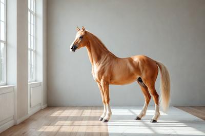 Primary subject: A brown horse standing in a room.

Setting/background: The horse is standing in a room with a white wall.

Visual style: The image is a photo of the horse.

Colors and mood: The horse is brown, and the overall atmosphere is calm and serene.