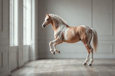 Primary subject: A brown and white horse with a white face, jumping in a room.

Setting/background: The horse is jumping in a room with a white wall.

Visual style: The image is a photo of the horse in action.

Colors and mood: The horse has a brown and white color pattern, and the overall atmosphere is energetic and dynamic.